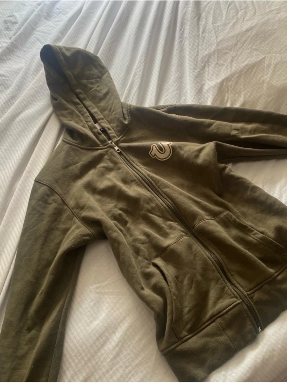 True Religion Olive Green Pullover Hoodie with Embroidered Logo